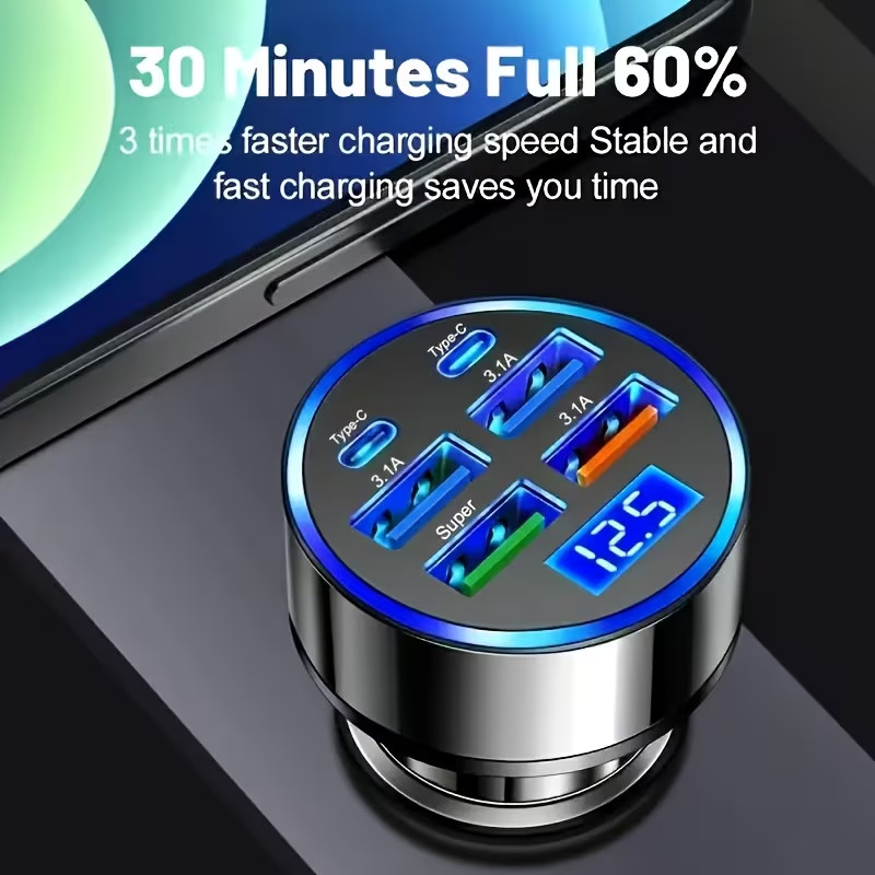 USB C Car Phone Charger Adapter 6 in 1 with Voltage Display