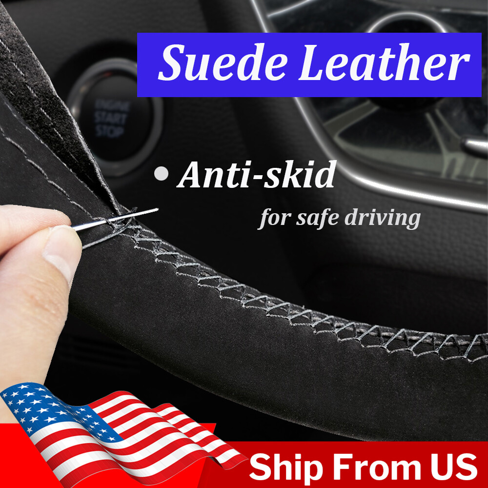 15″ DIY Anti-Slip Genuine Leather Suede Steering Wheel Cover Car Protector
