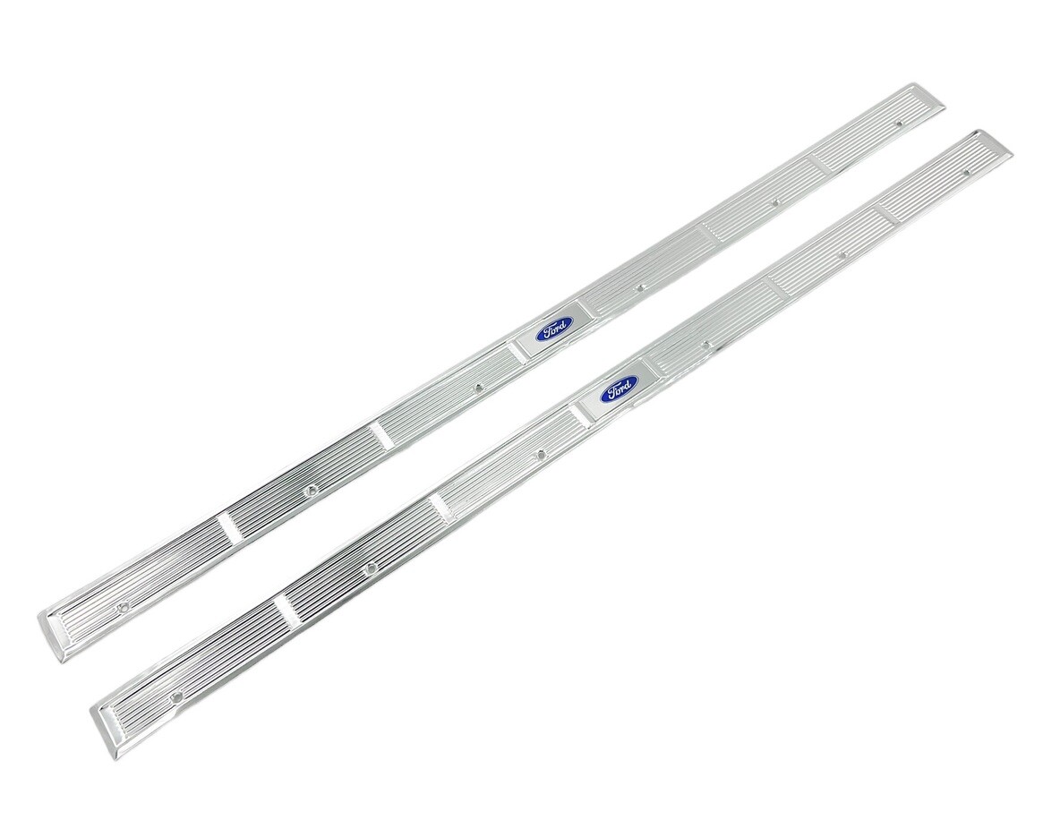 Pair Door Sill Scuff Plates w/ Blue Decals For 1971-1973 Ford Mustang