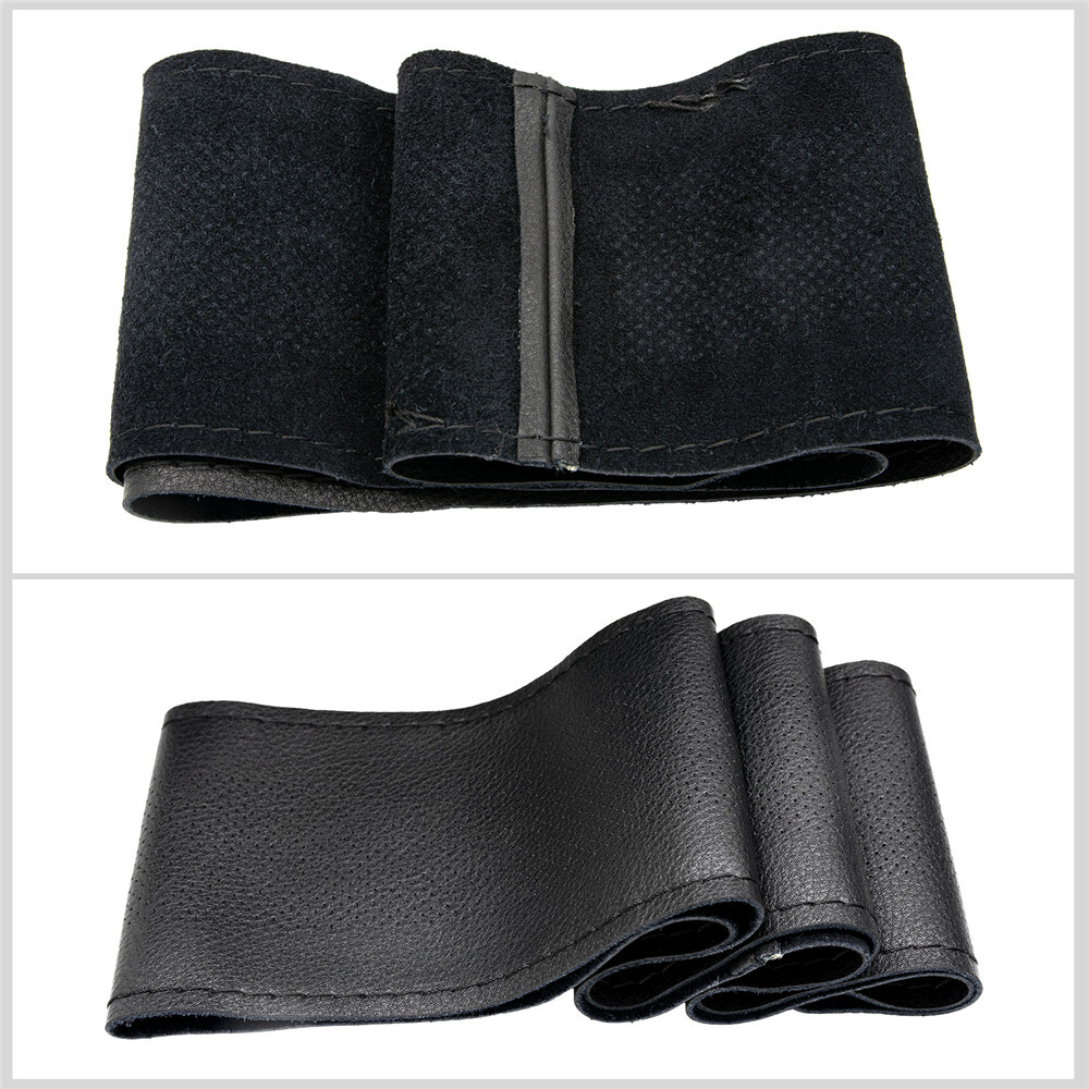 DIY Genuine Leather Car Steering Wheel Cover Needle Thread Anti-slip Black 15″US