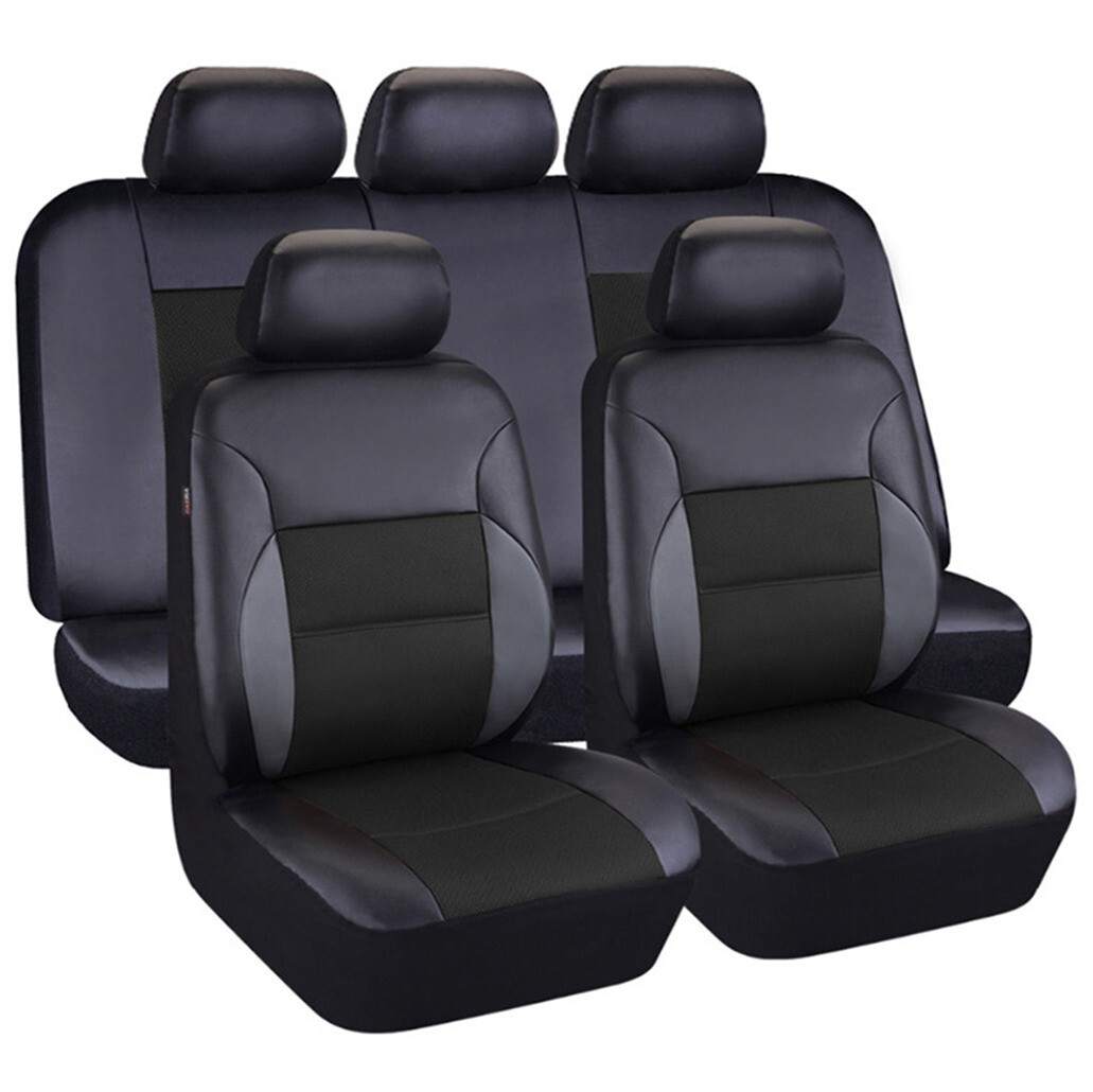 Front Rear Car Seat Covers Full Set PU Leather Cushion Protector Black
