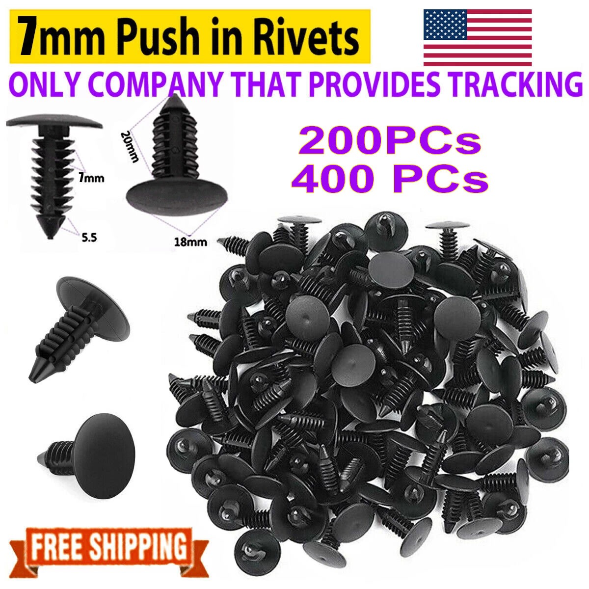 400PCS 7mm Plastic Rivets Bumper Clips Auto Car Hole Fastener Fender Push Pin