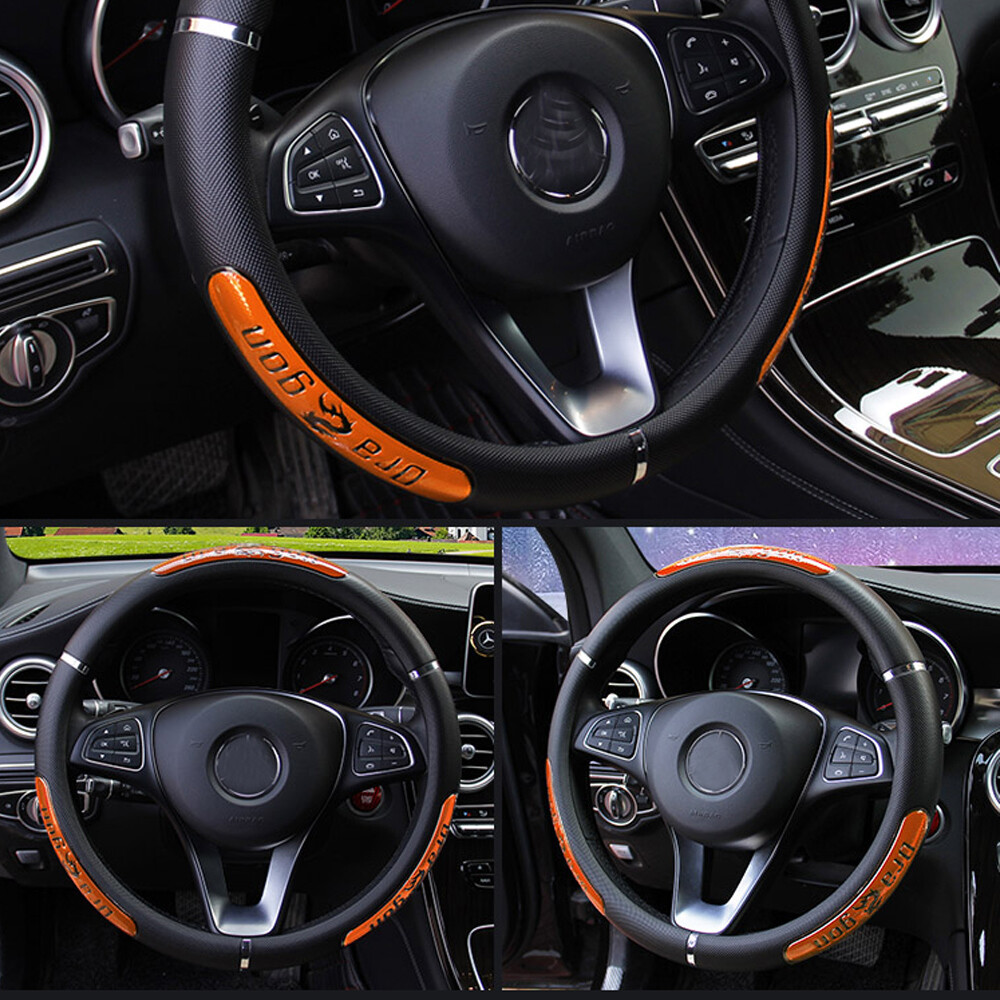 1x 15” Car Steering Wheel Cover Anti Slip PU Leather Orange+Black Accessories