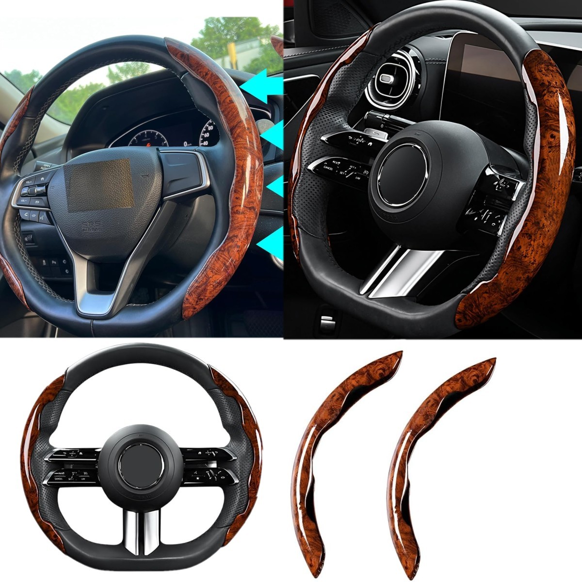 15″ Clip on Car Wood Grain Steering Wheel Cover Non-slip Protectors Universal
