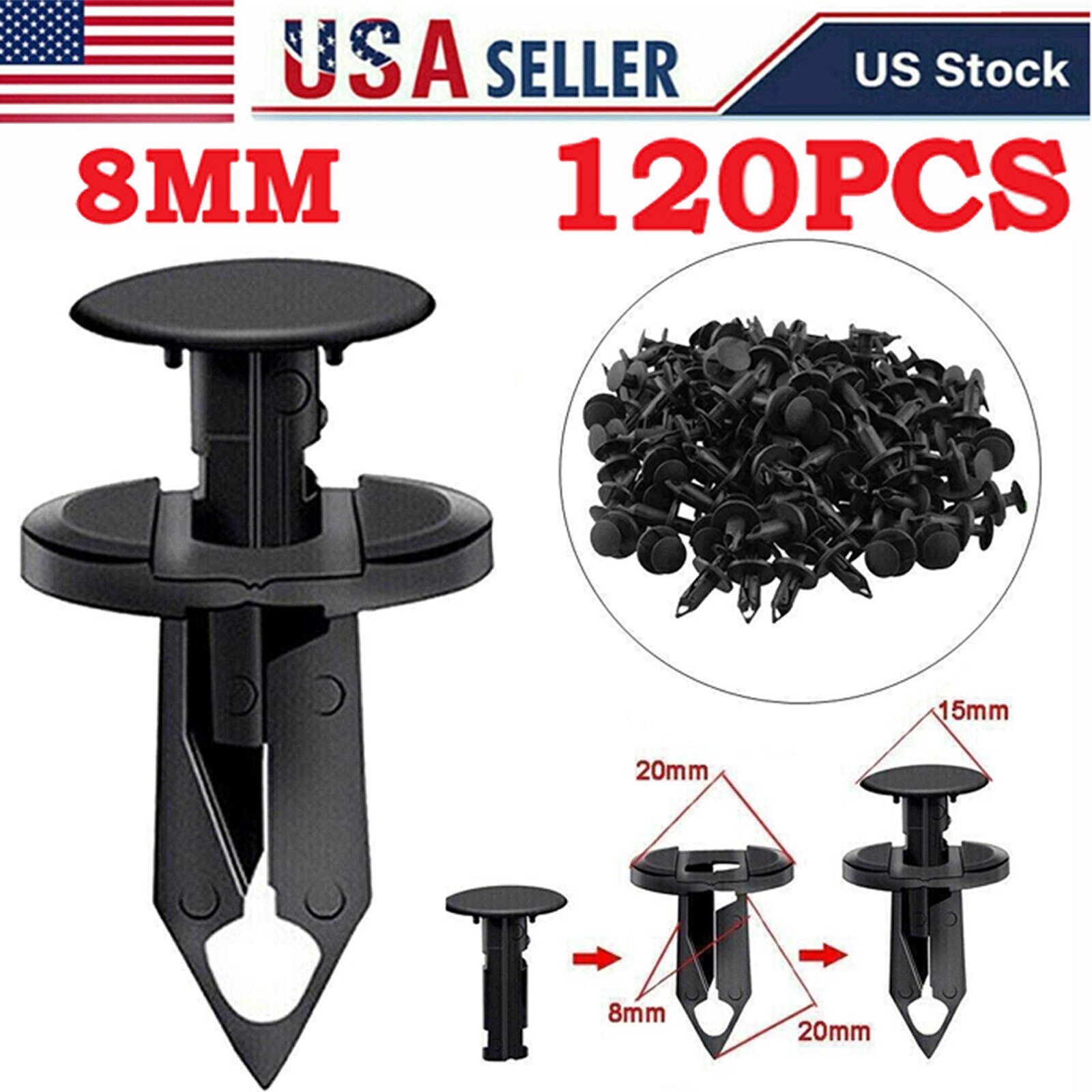 120PCS 8mm Bumper Clips Retainer Auto Car Plastic Rivets Fastener Fender Push