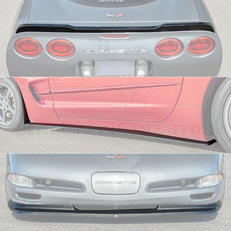 For 97-04 Corvette C5 ZR1 MATTE BLACK Front Vented Lip Side Skirts Rear Spoiler