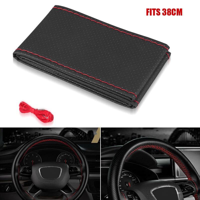 15″/38cm Car Steering Wheel Cover Needle Thread AntiSlip Leather Black