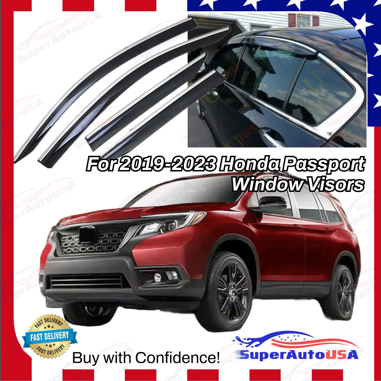 For Honda Passport 2019-2023 Chrome Trim Window Visor Rain Guard Shade Deflector