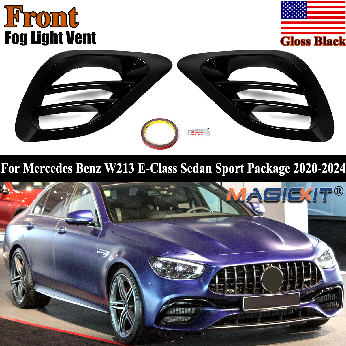 Gloss Black Fog Light Air Vent Cover For Benz W213 E300 E350 E43 E53 2020-2024