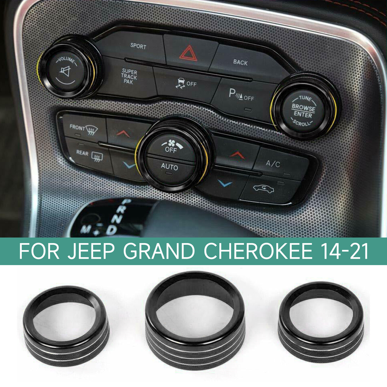 3PCS Black Climate Volume Turn Knob Ring Cover For 14-21 Jeep Grand Cherokee