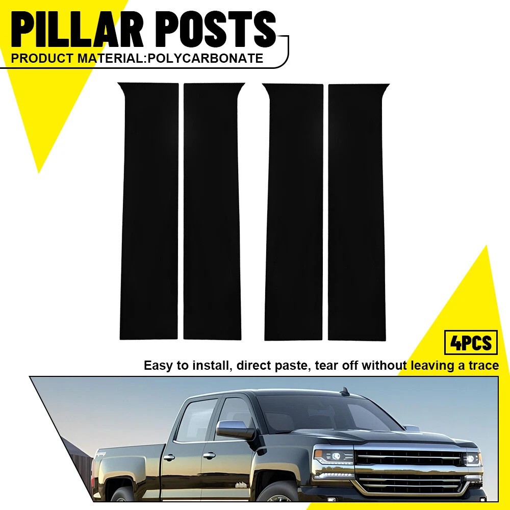 For Chevrolet Silverado 2014-2018 4pcs Pillar Post Door Trim Cover Glossy Black