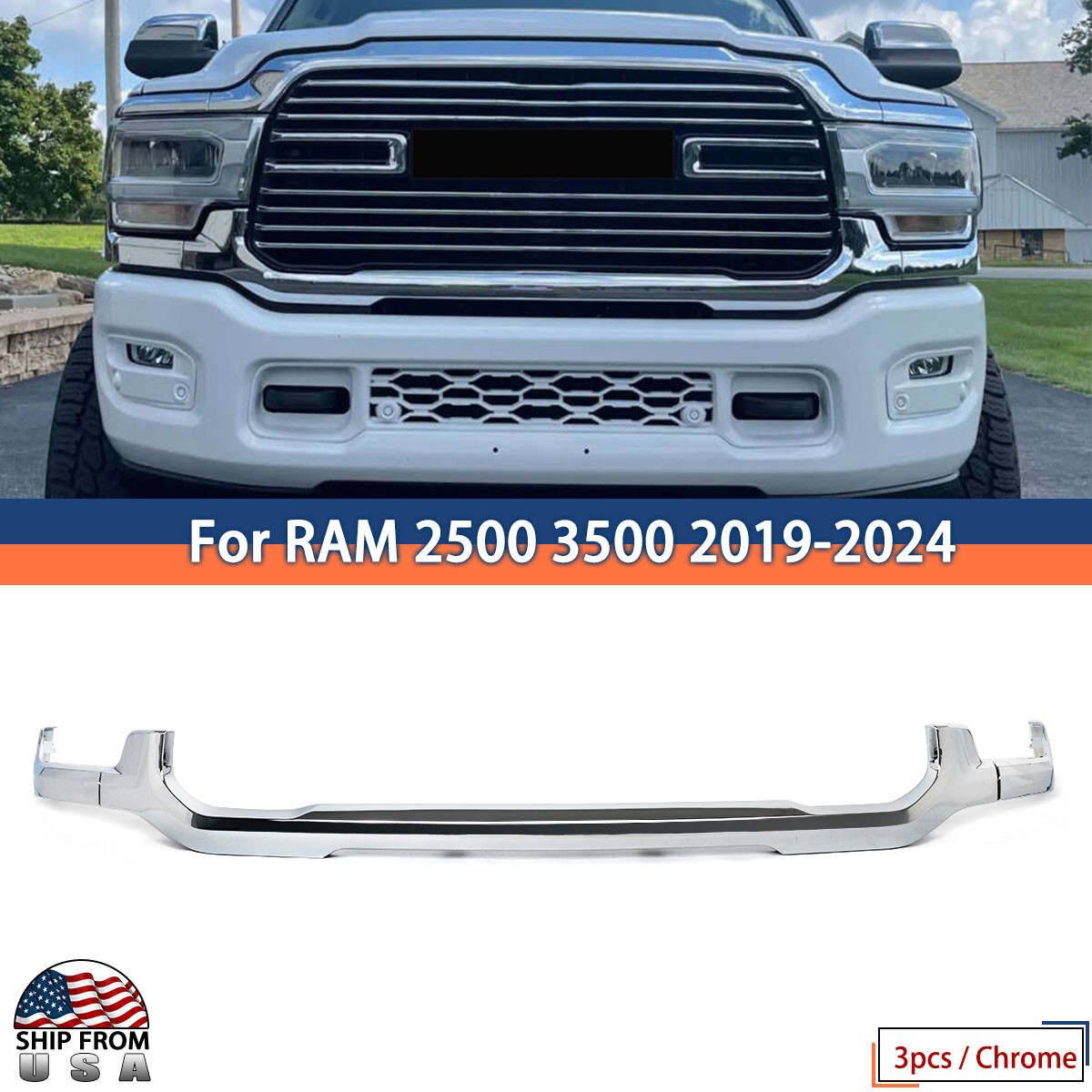 Set For 2019-2024 RAM 2500 3500 Front Lower Grille Trim Headlight Molding Chrome