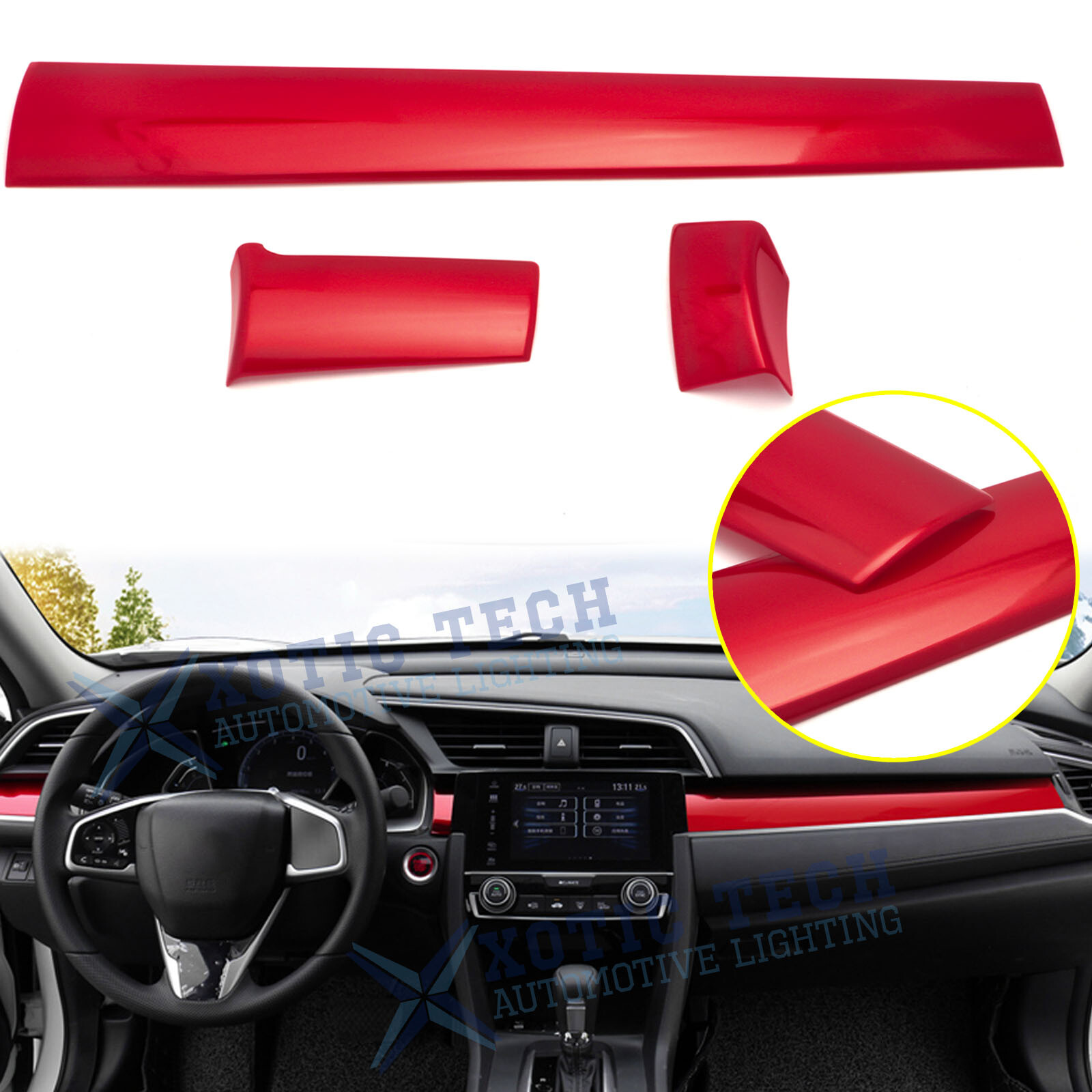 3x Sporty Red Center Console Dashboard Stripe Cover Trims Fits Honda Civic 2016+