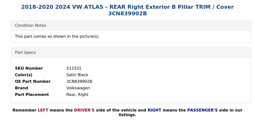 2018-2020 2024 VW ATLAS – REAR Right Exterior B Pillar TRIM / Cover 3CN839902B