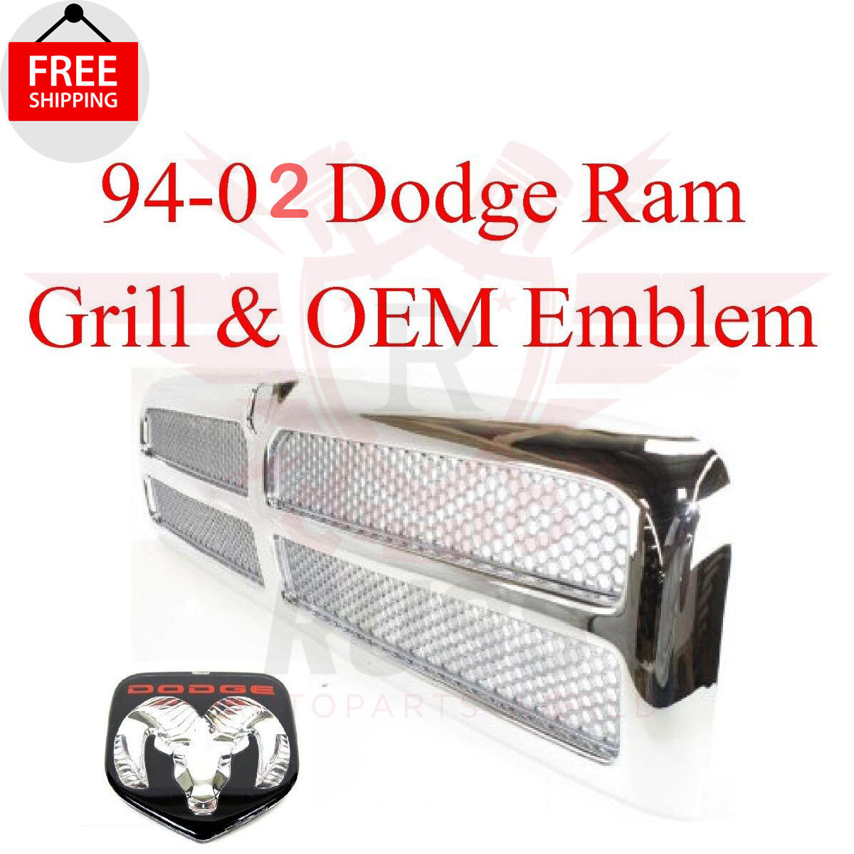 For 94 02 DODGE RAM CHROME GRILL And OEM Emblem 1500 2500 3500 95 96 97 98 99 00