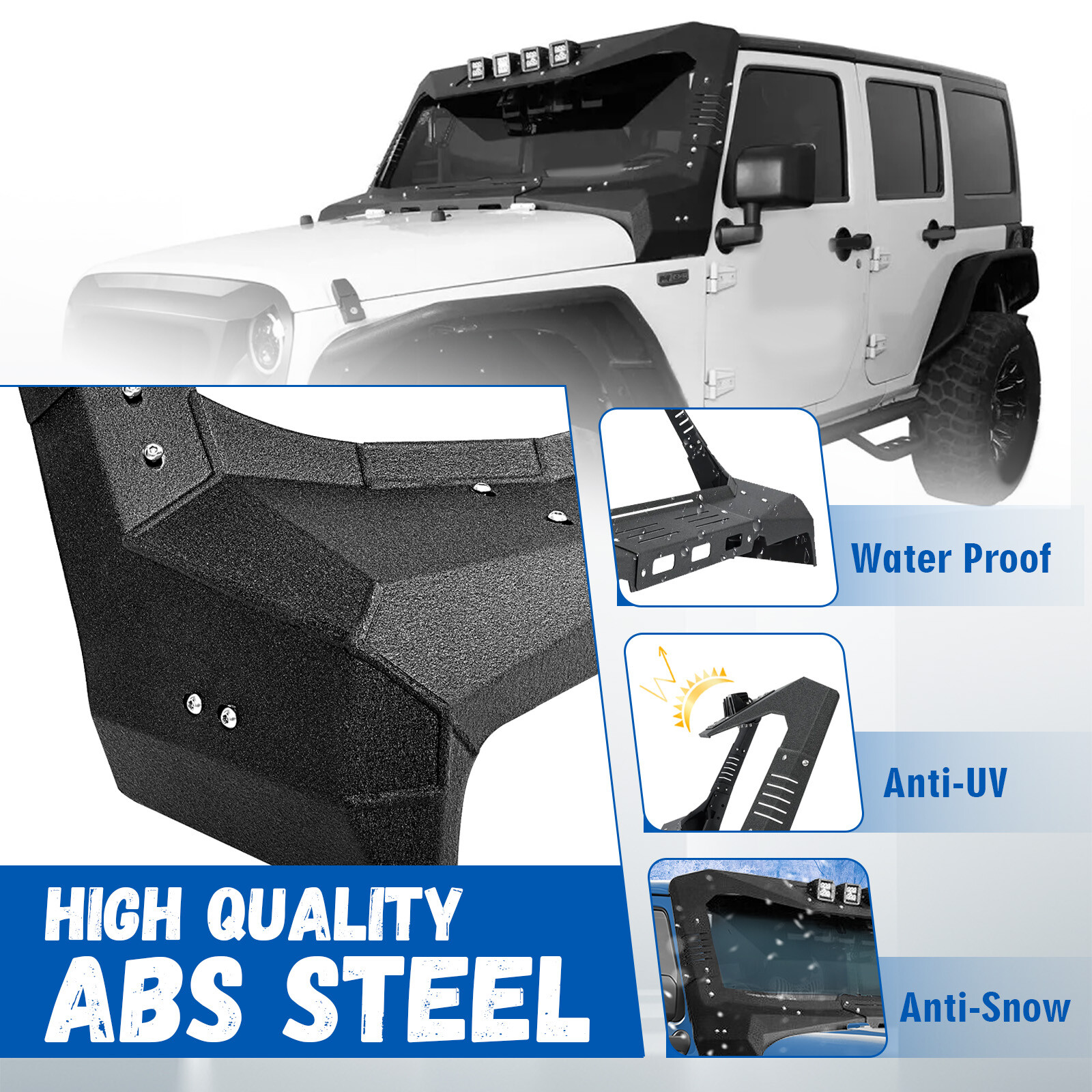 For Jeep Wrangler JK 07-18 Armor Windshield Frame Cover Visor Cowl w/ LED Lights