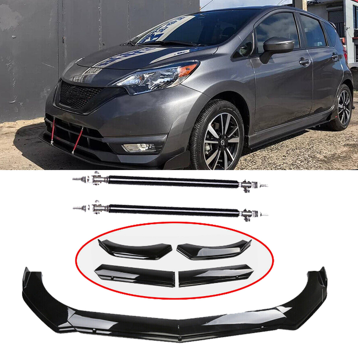 Universal Front Bumper Lip Splitter Spoiler +Strut Rods For Nissan Versa Note