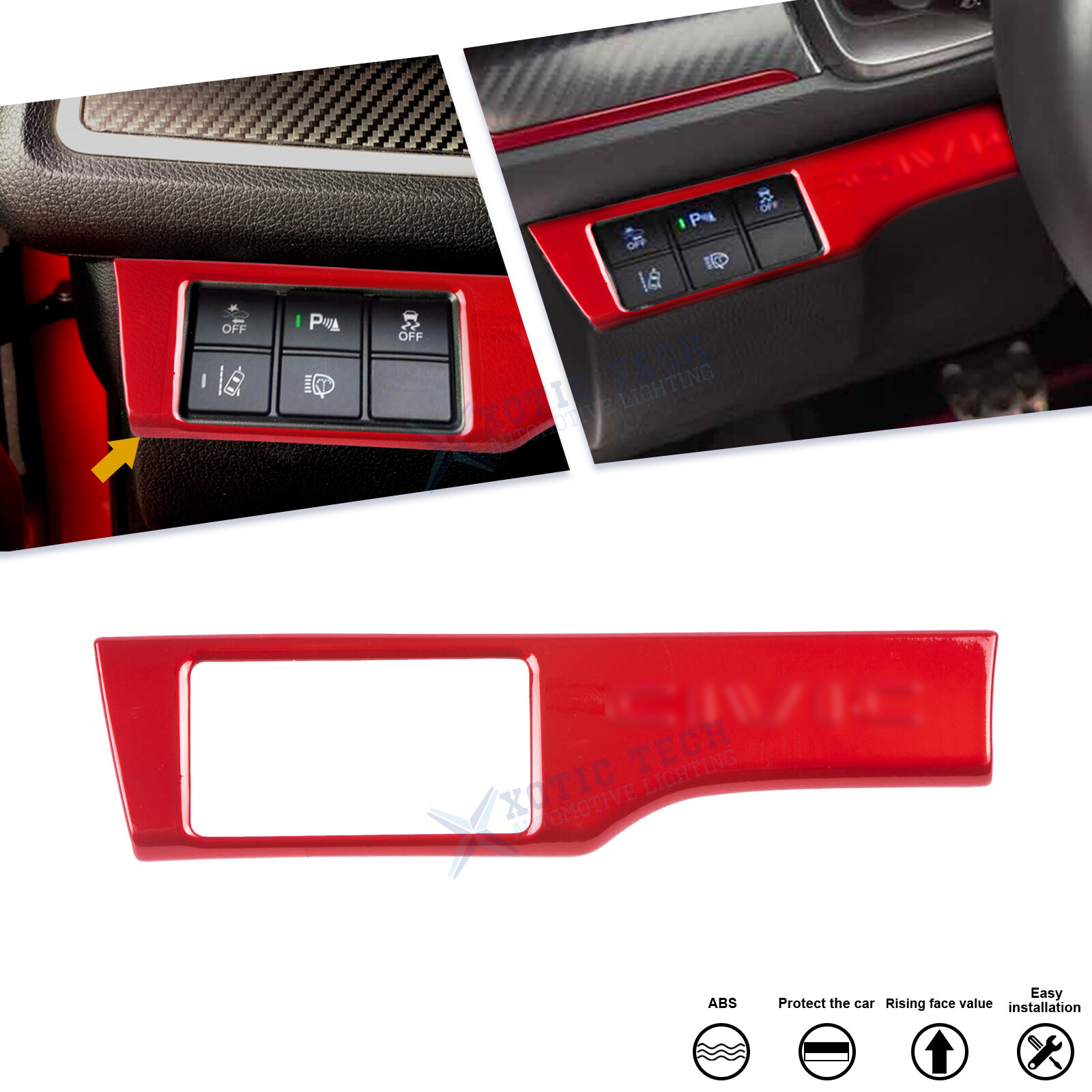 Red Interior Drift Headlamp Control Button Panel Trim For Civic 10th Gen 16-21