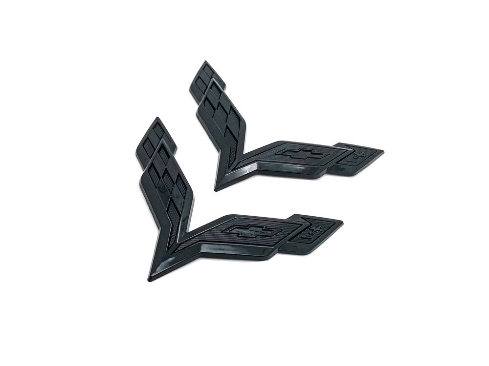 Front & Rear Set Cross Flags Emblem For 2014-2019 Corvette C7 Whole Glossy Black