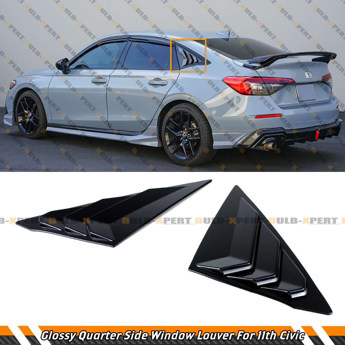For 22-2024 Honda Civic Sedan Gloss Black Quarter Panel Rear Side Window Louver