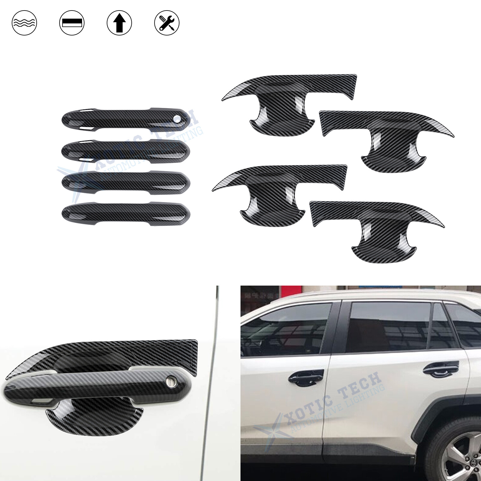 Carbon Fiber Pattern Side Door Handle+Bowl Cover Trim For Toyota Rav4 2019-2024