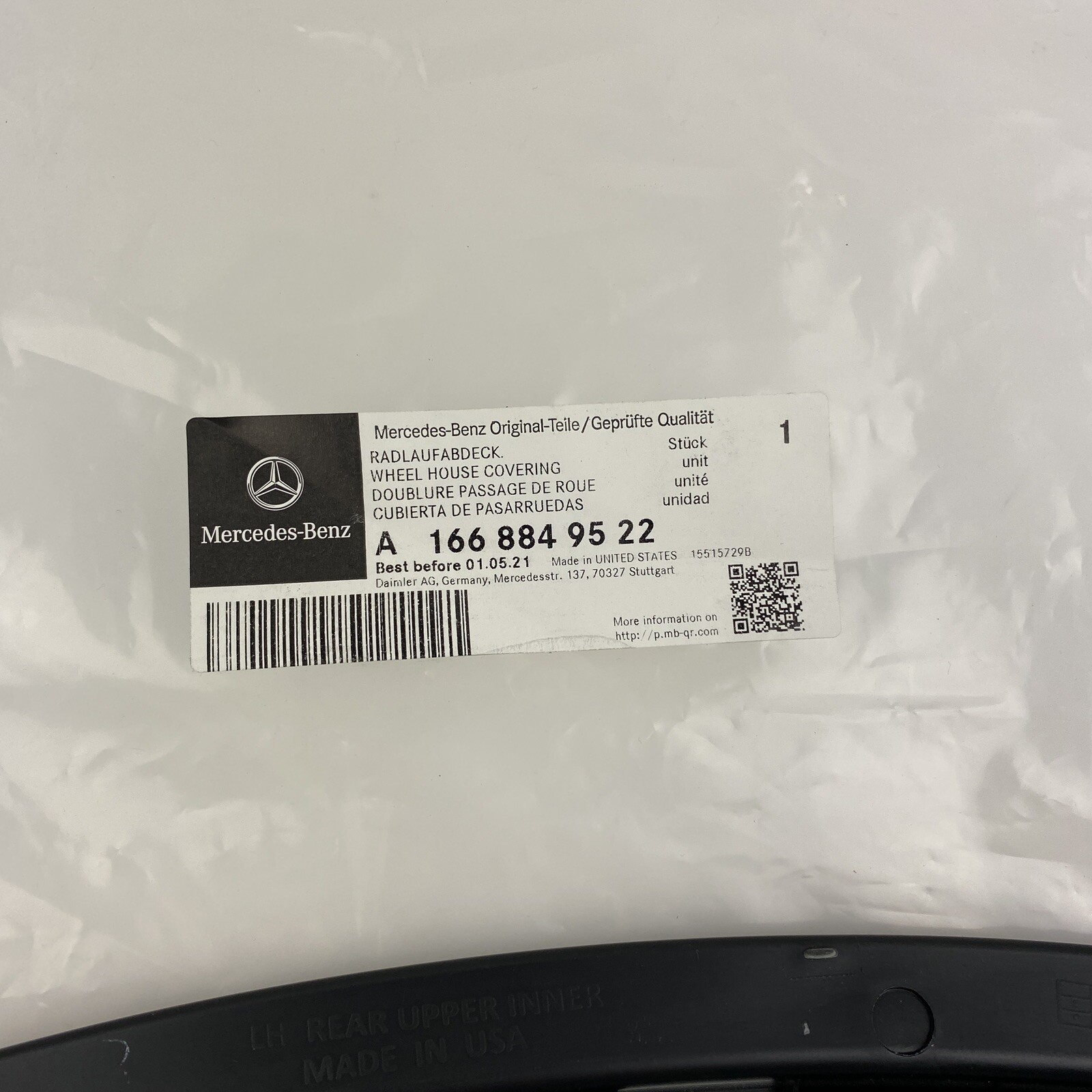 Genuine Mercedes-Benz OEM Rear Driver Side Fender Flare Insulator 166-884-95-22