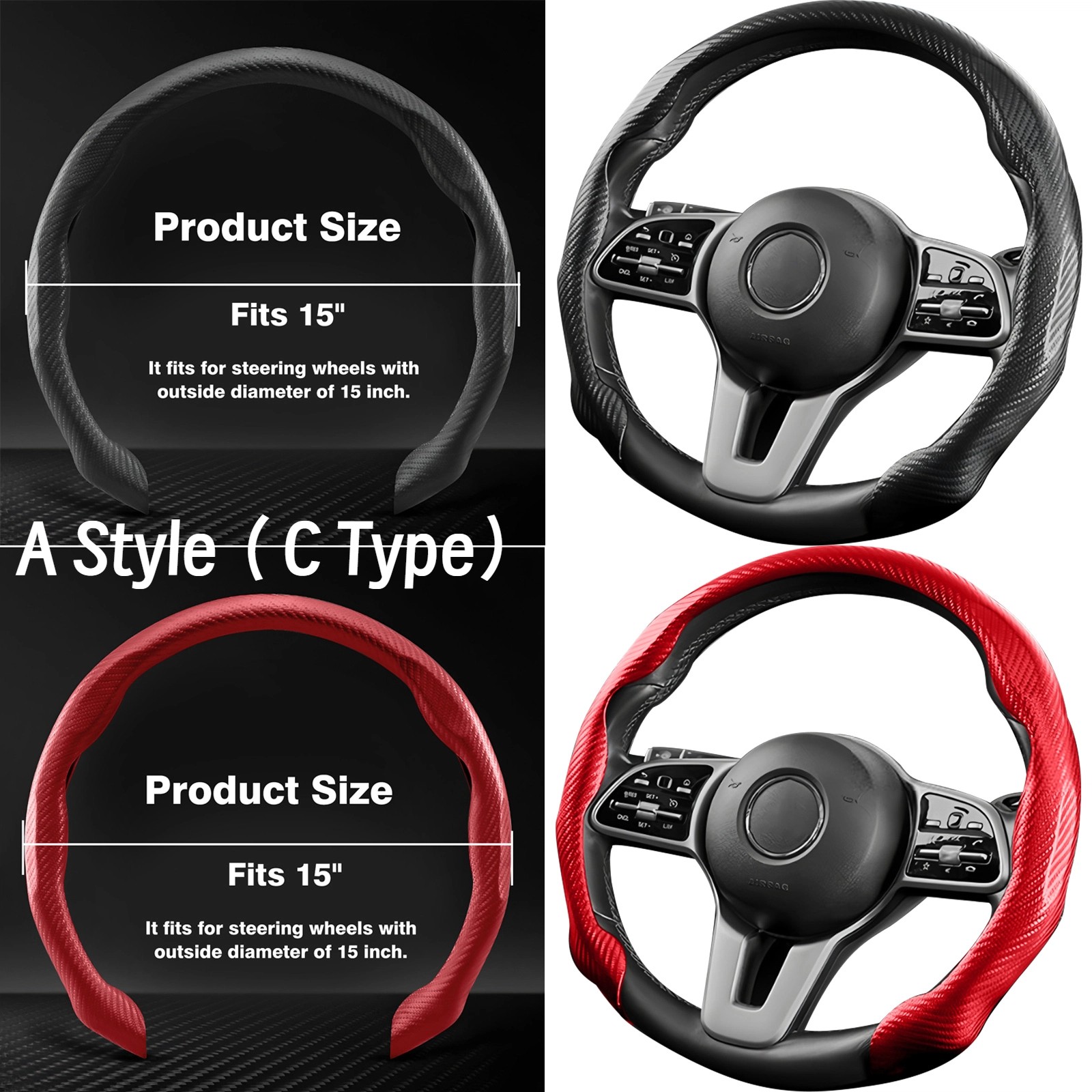 For HONDA Car Steering Wheel Cover Carbon Fiber Leather 14.5-15” Black/Red/Blue