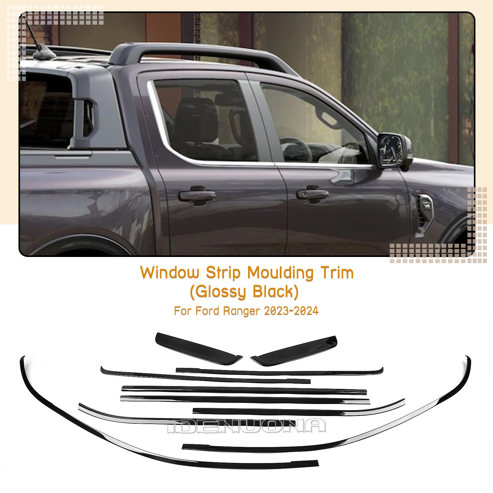 Car Gloss Black Window Strip Moulding Trim Cover For Ford Ranger 2023-2025 2024