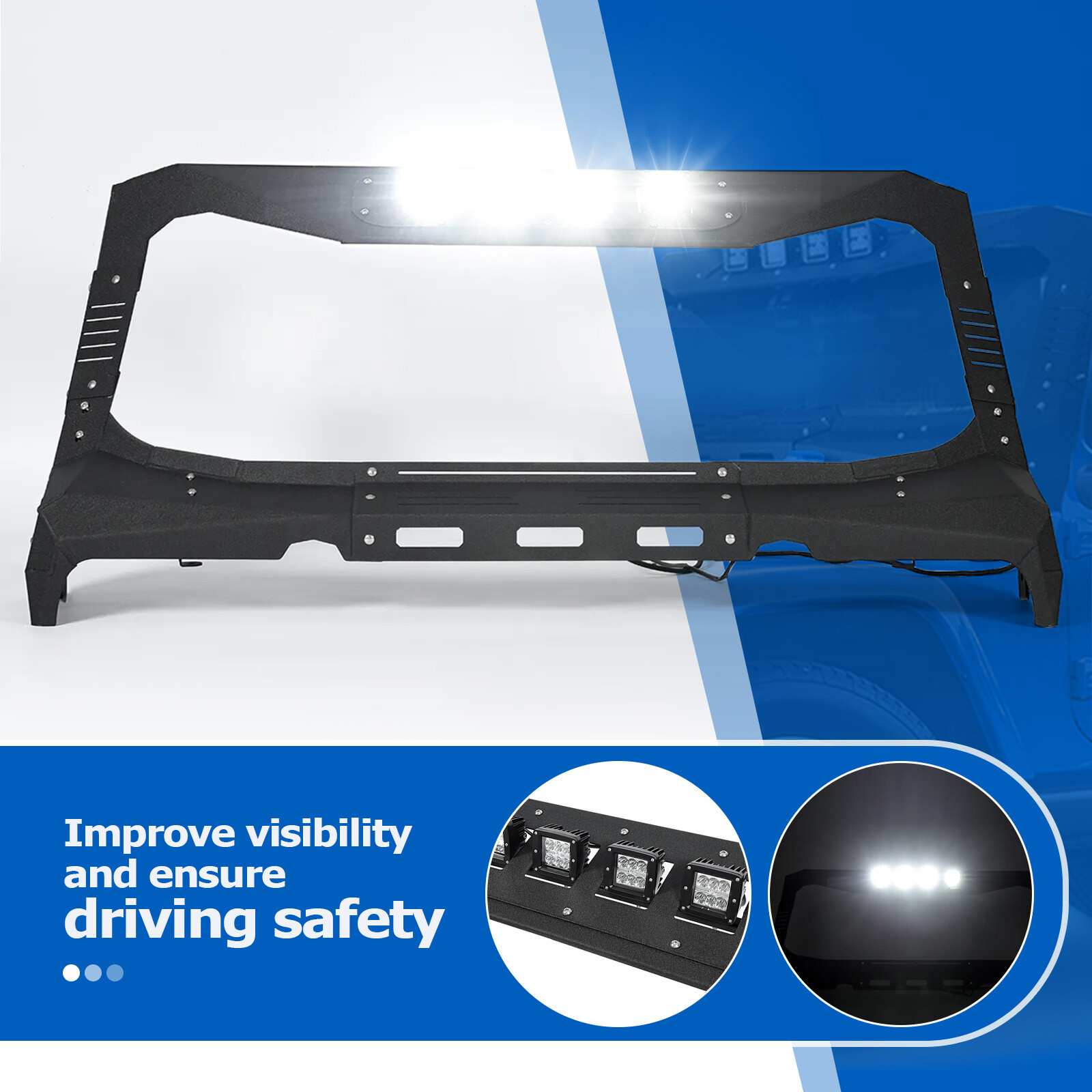 For Jeep Wrangler JK 07-18 Armor Windshield Frame Cover Visor Cowl w/ LED Lights