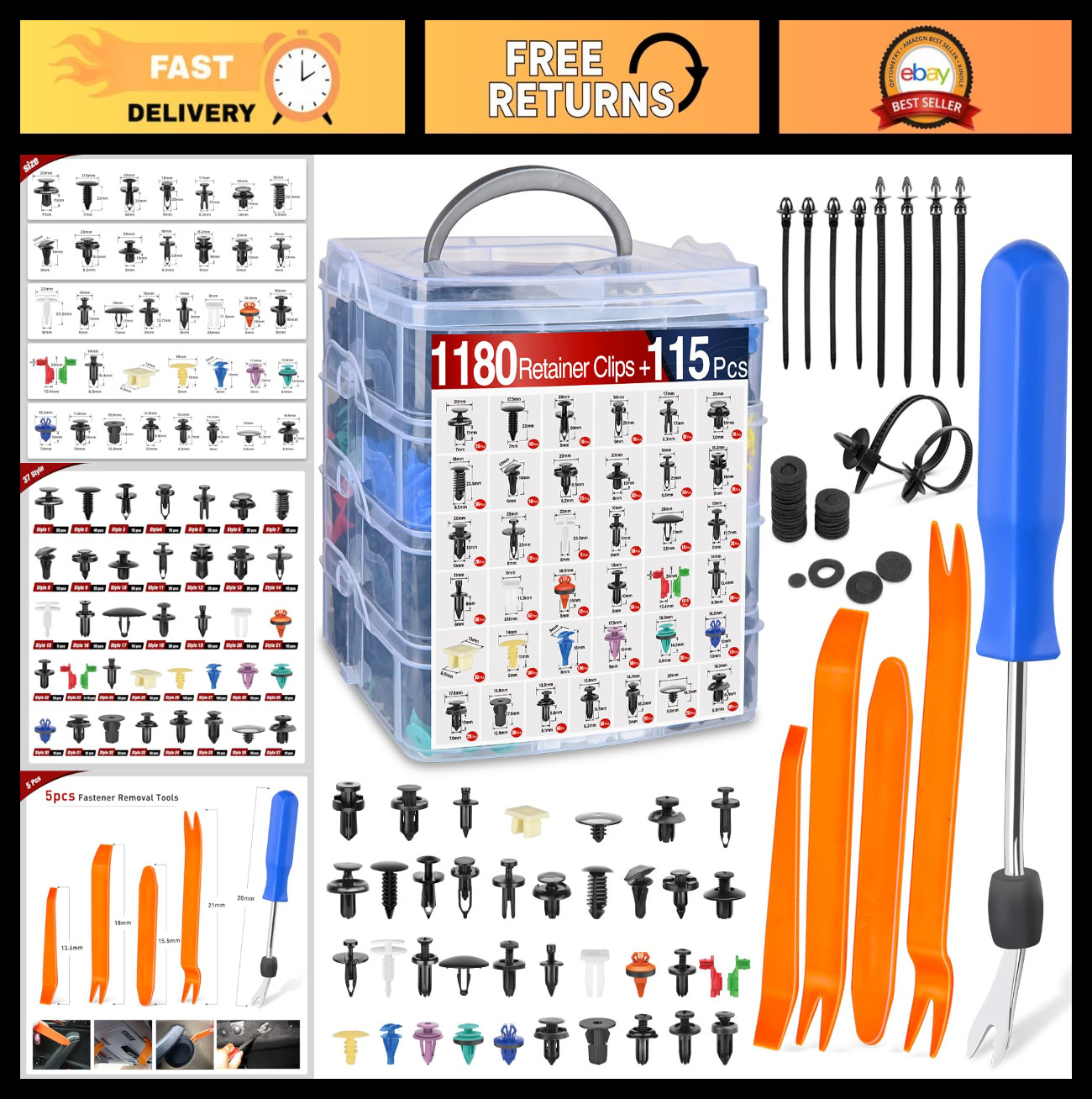 1295Pcs Car Push Retainer Clips Kit – 37 Sizes Nylon Fasteners & Remover Tool