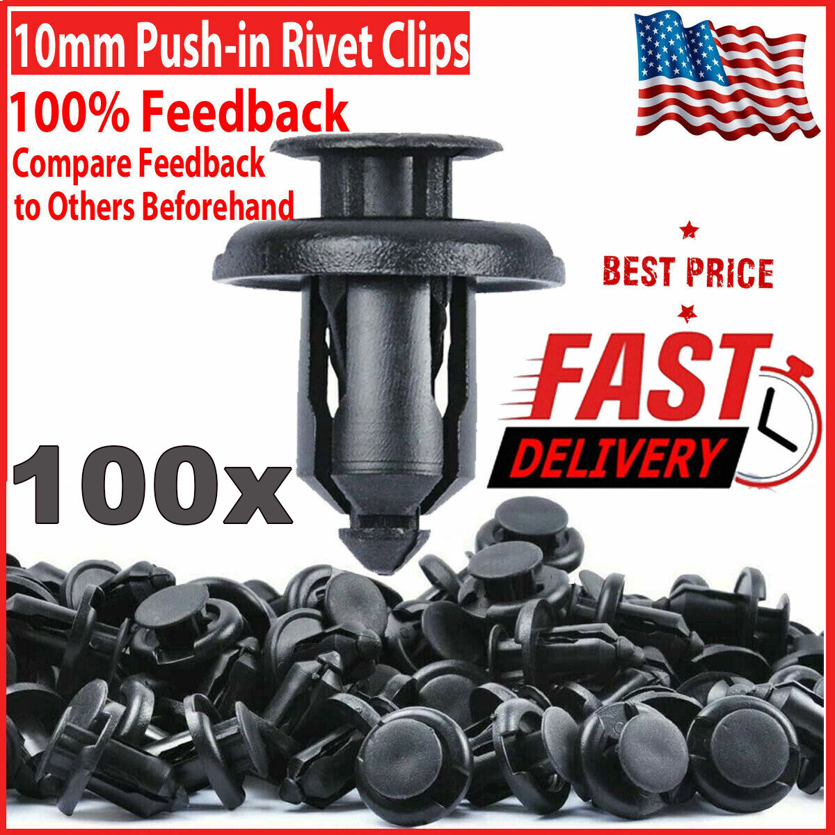 100Pcs Bumper Clips 10mm Hole Auto Car Fastener Fender Push Pin Plastic Rivets