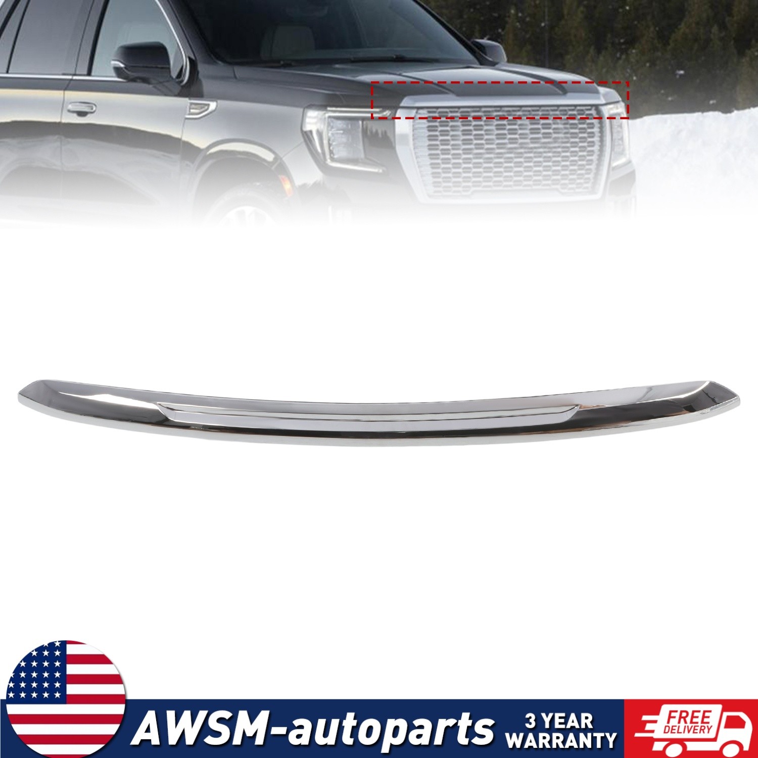 Chrome Front Upper Hood Molding Trim For 2020-2023 GMC Acadia ABS Plastic