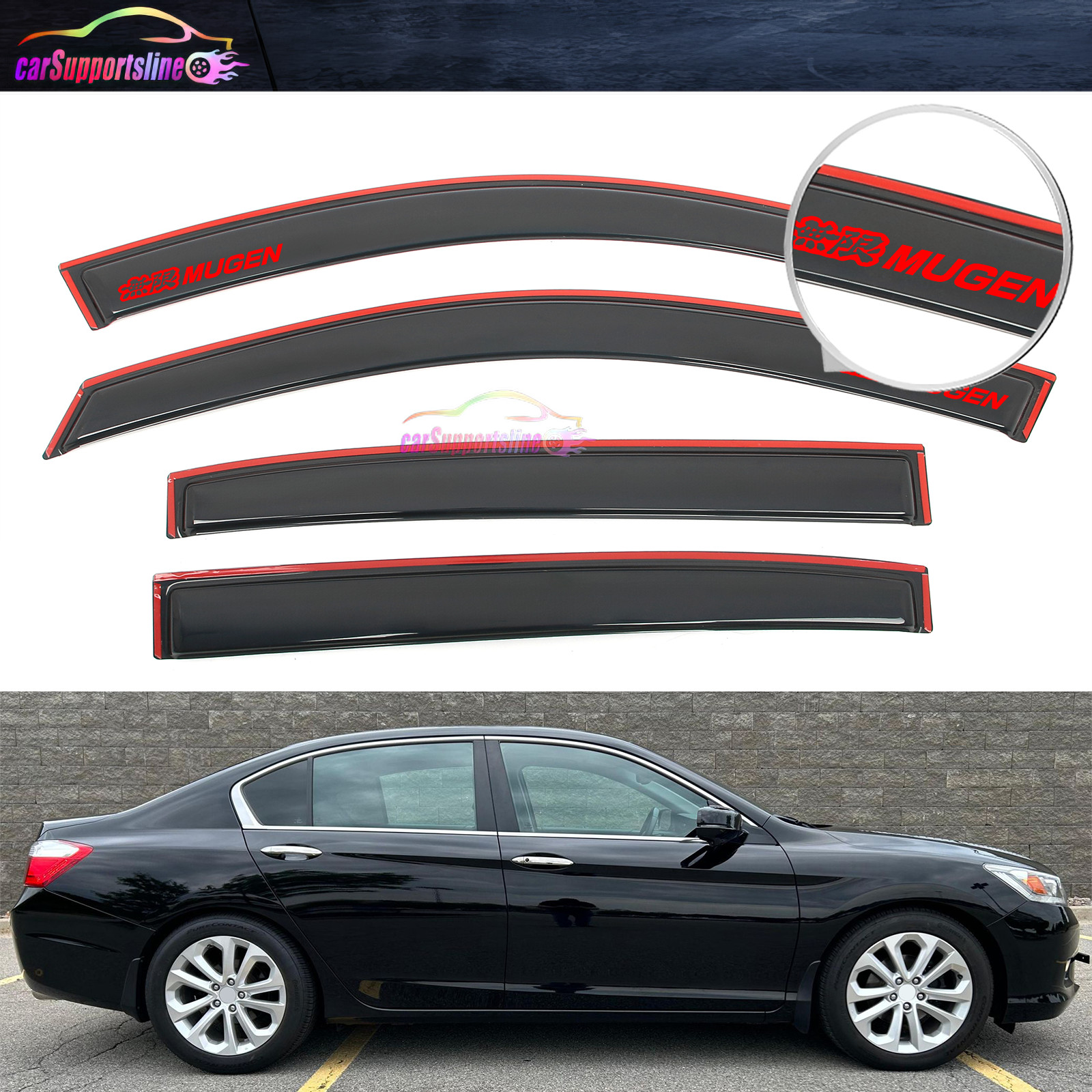 Fit for 13-17 Honda Accord Sedan In Channel Window Visor Rain Guard w/ Red Mugen