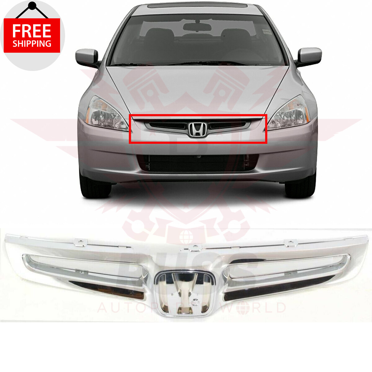 For 2003-2005 Honda Accord 4 Door Sedan New Front Grille All Chrome HO1200158