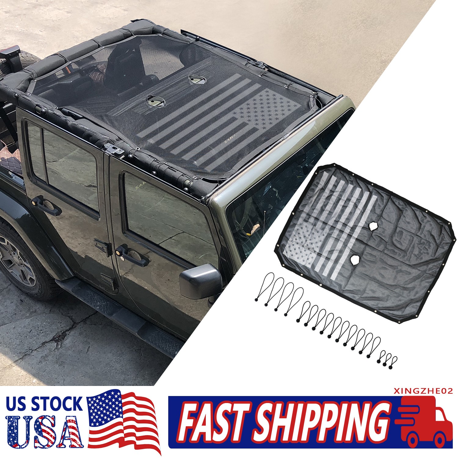 US Flag Roof Mesh Sunshade Top Cover Accessories For Jeep Wrangler JK 2007+