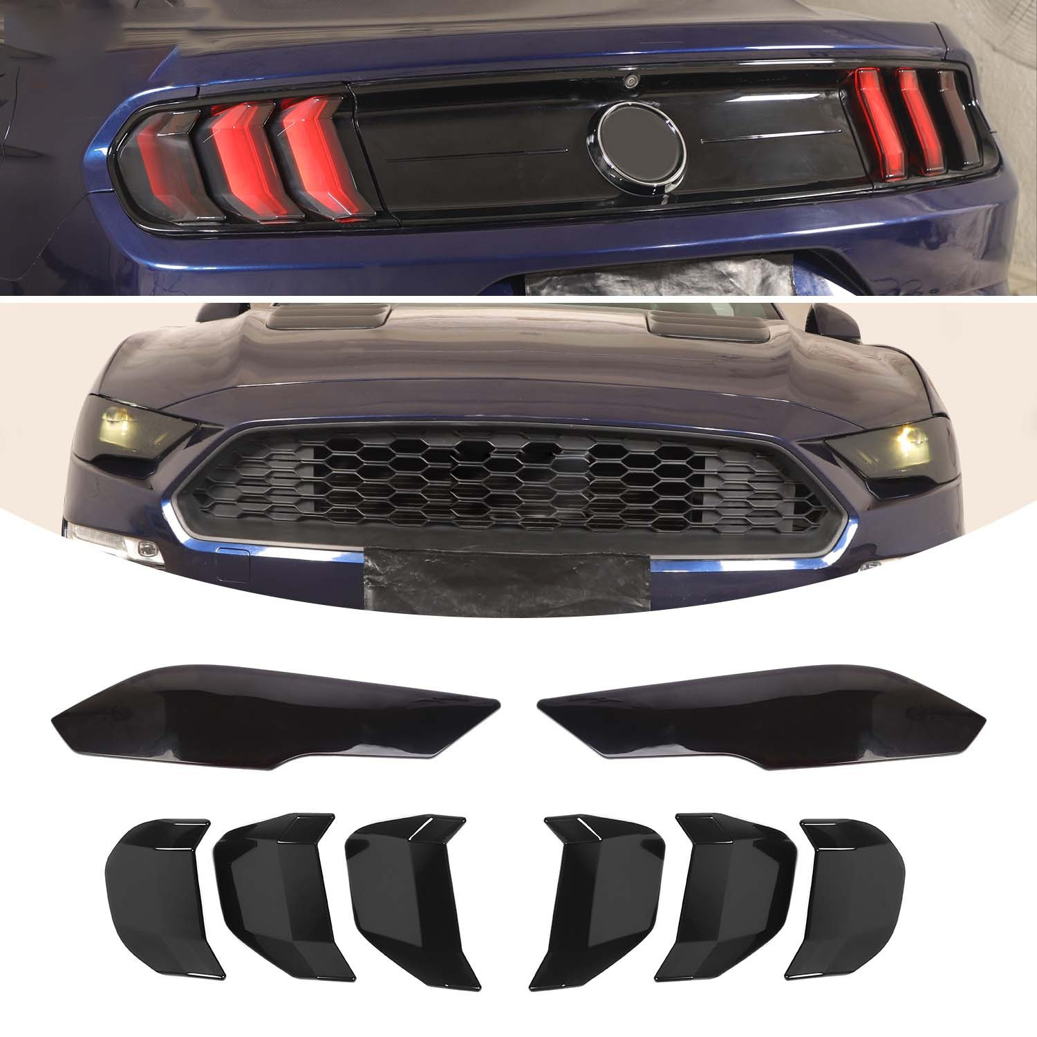4X HeadLight Tail Lamp Light Covers Trim Decor For Ford Mustang 18+ Smoked Black