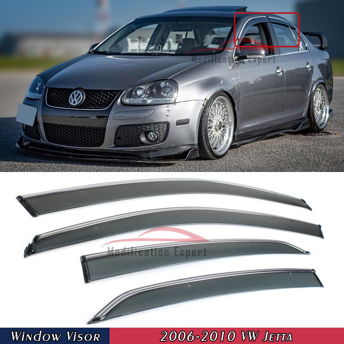 For 2006-10 VW Jetta Mk5 Chrome Trim Sedan Smoke Tinted Window Visor Rain Guards