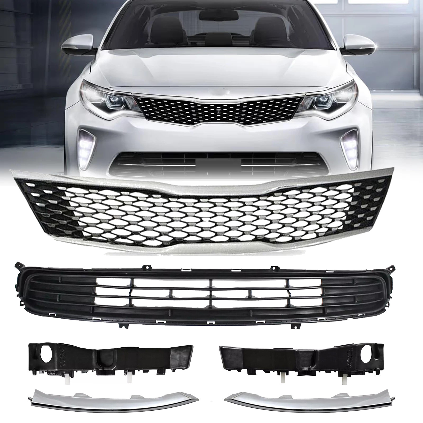 For 2016-2018 Kia Optima Front Upper & Lower Grille Bumper Bracket Molding Trim
