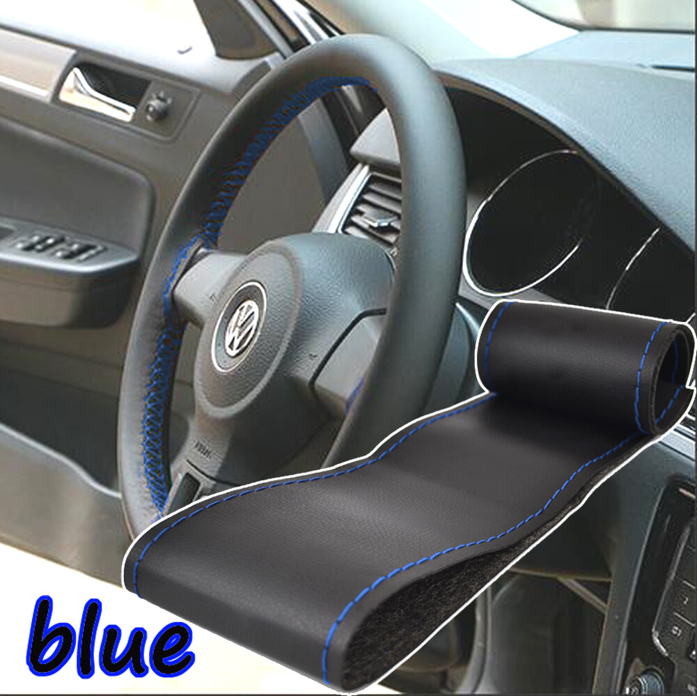 38CM Car Auto DIY BLUE genuine UFL Leather Steering Wheel Cover Wrap Sew-on Kit