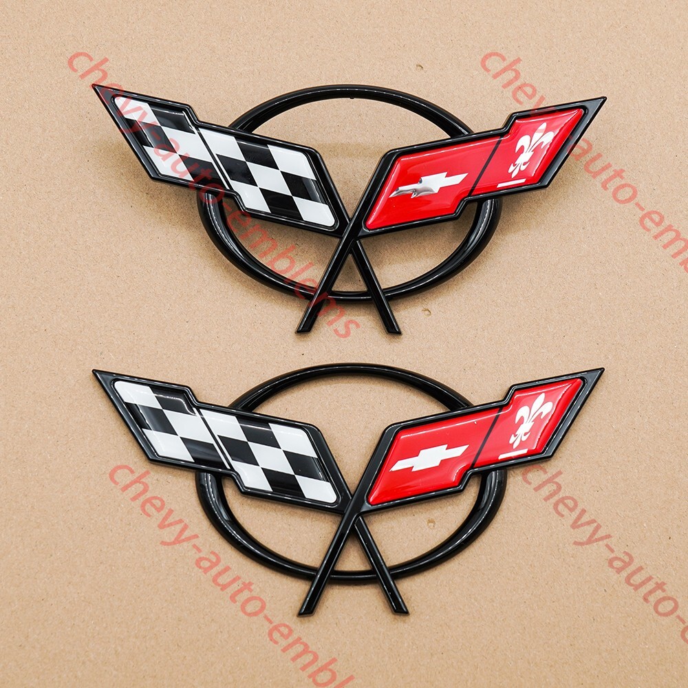 Pair Black Red For 1997-2004 C5 Front Nose and Rear Gas Lid Emblems Badges