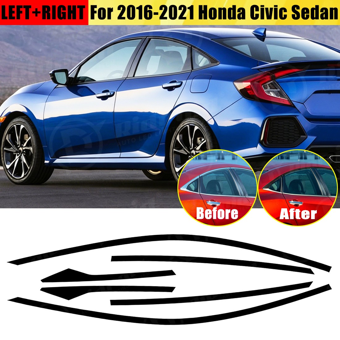 For 2016-2021 Honda Civic Sedan Chrome Delete Blackout Window Trim Glossy Black