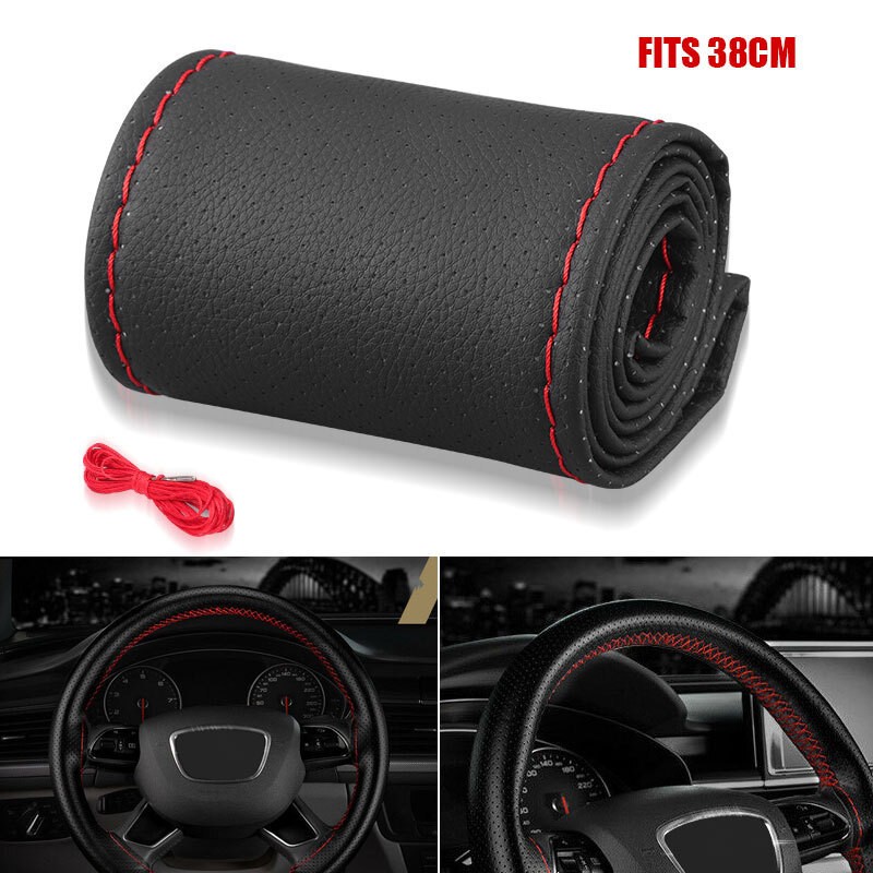 15″/38cm Car Steering Wheel Cover Needle Thread AntiSlip Leather Black