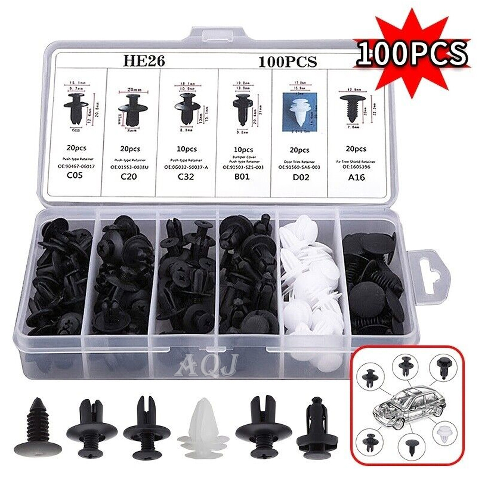 100Pcs Bumper Clips Retainer Auto Car Rivets Fastener Fender-Push Pin Trim +++