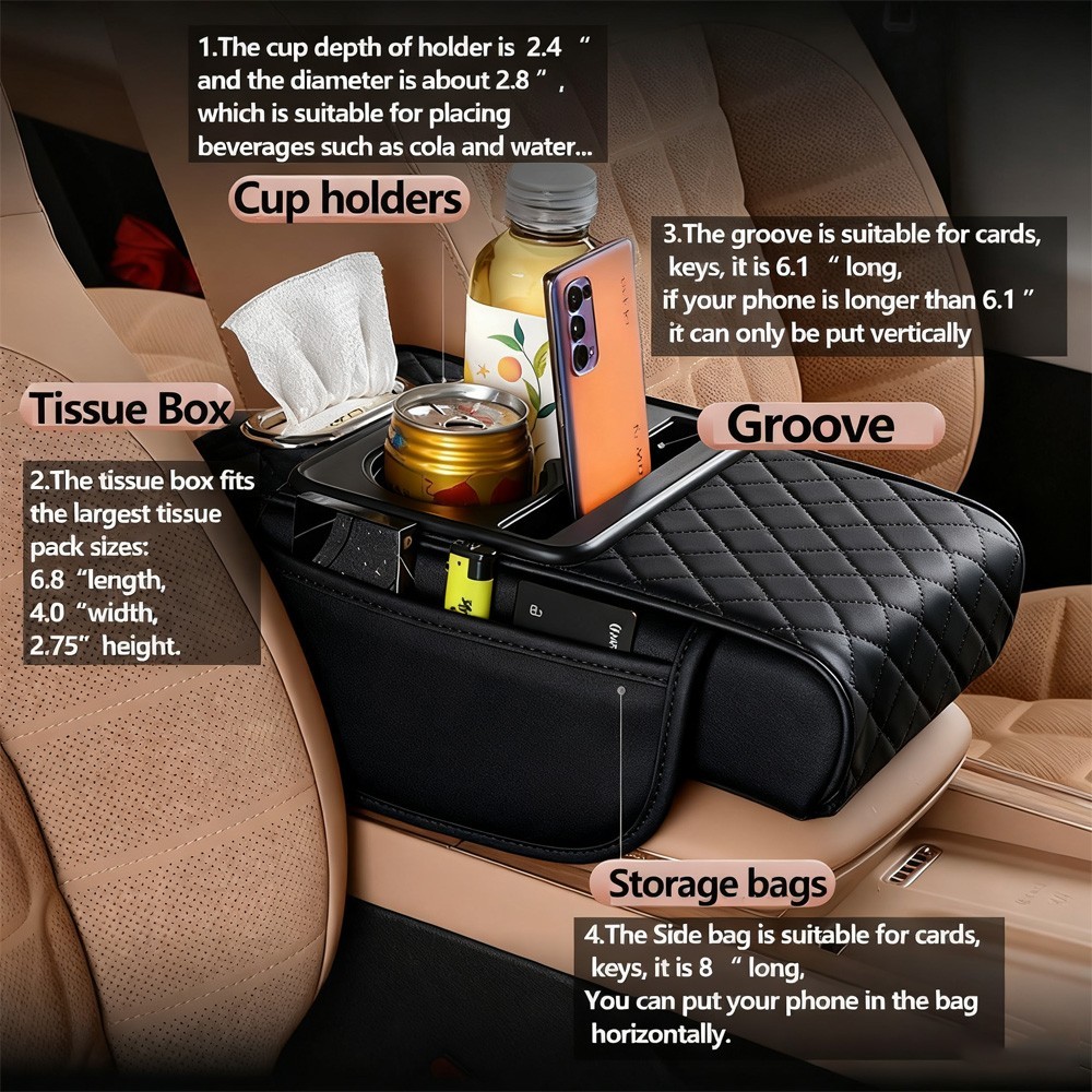 Car Armrest Cushion Center Console Organizer Cup Holder Tissue Box Phone Pad