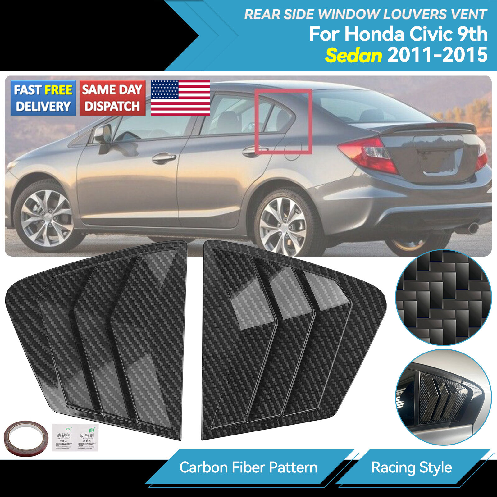Air Vent Window Louver Cover Carbon Fiber L+R For HONDA Civic 2011-2015 Car Side