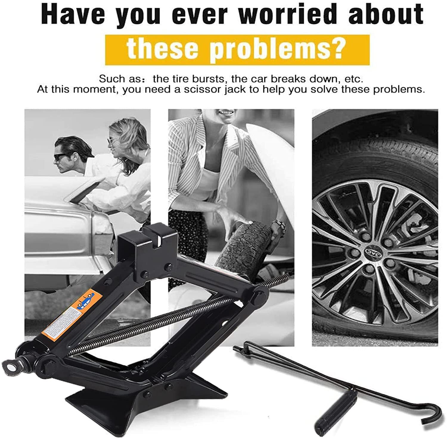Scissor Jack 2 Ton w Handle+Spare Tire Repair Kit Extendable Lug Wrench Garage