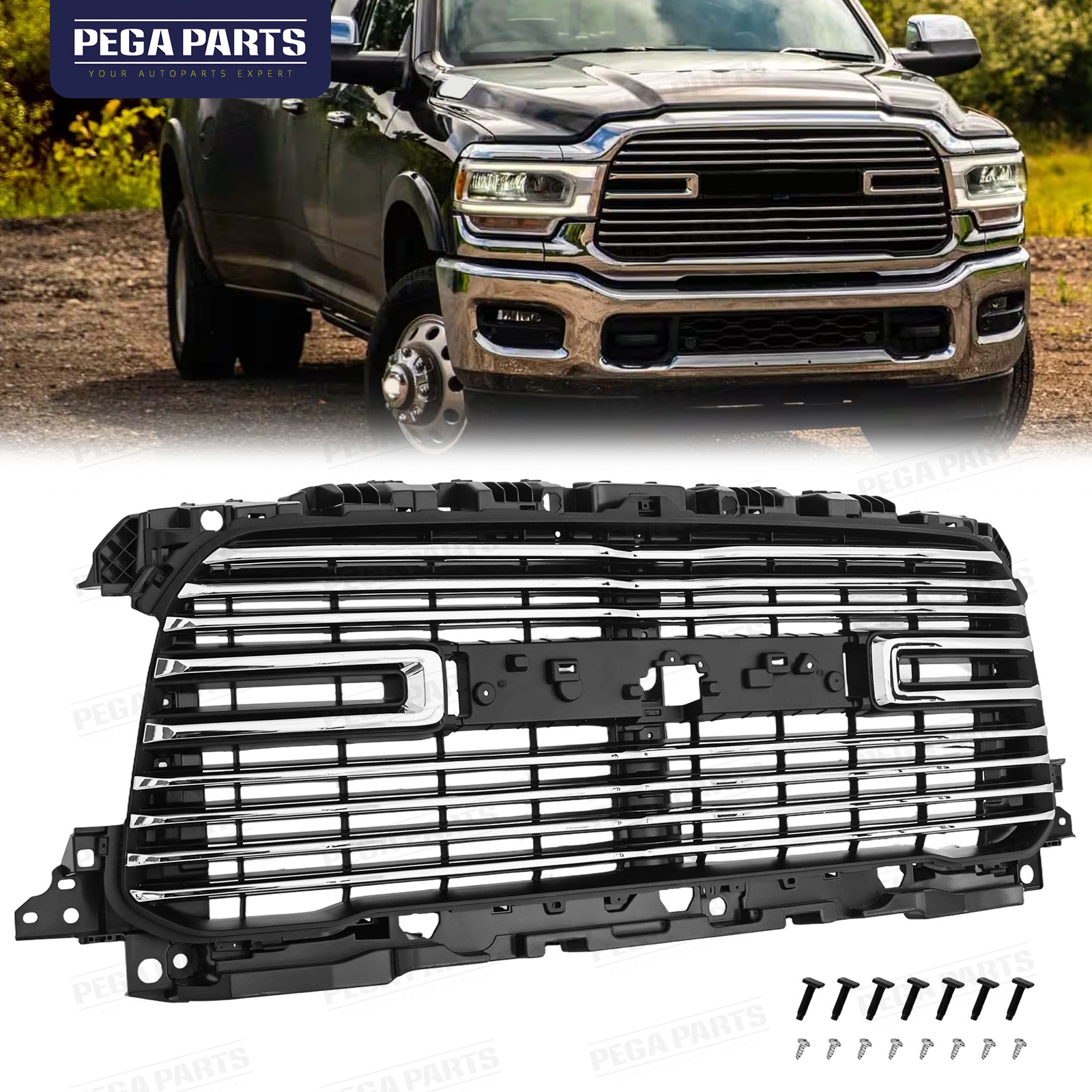 Front Bumper Grille Grill w/Chrome Trim Molding For 2019-2024 Ram 2500 3500 4500