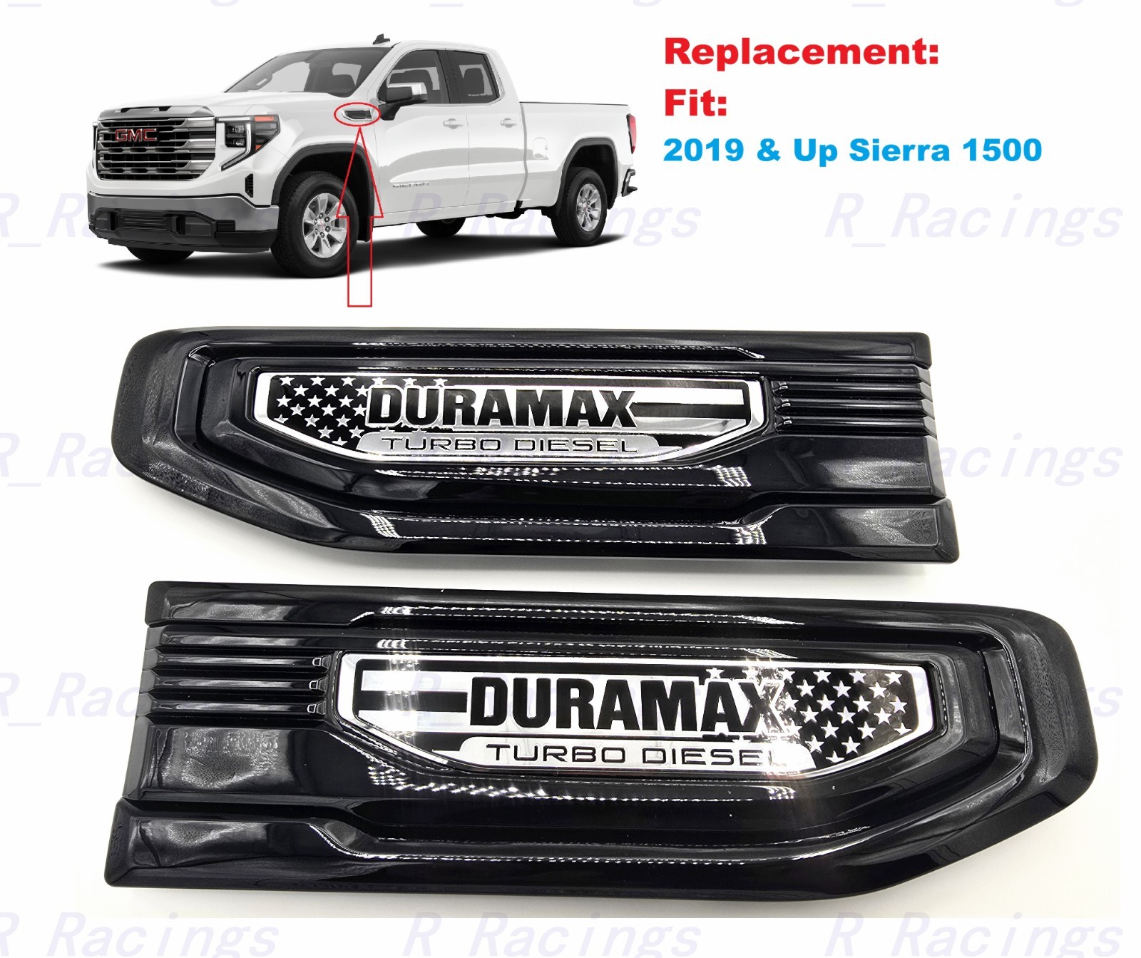 Pair Chrome Gloss Black Duramax Turbo Flag Fender Vent Emblems 2019+ Sierra 1500