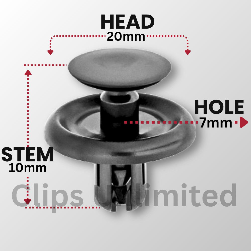 A 20955 Push Type Retainer 20mm Head, 10mm Stem Toyota 90467-07201 25-1000PCS