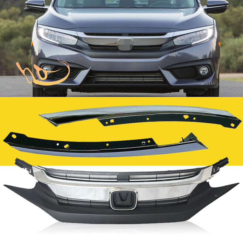 3PCS Fit 2016 2017 2018 Honda Civic Coupe Sedan Front Upper Grille&Eyelid Trims